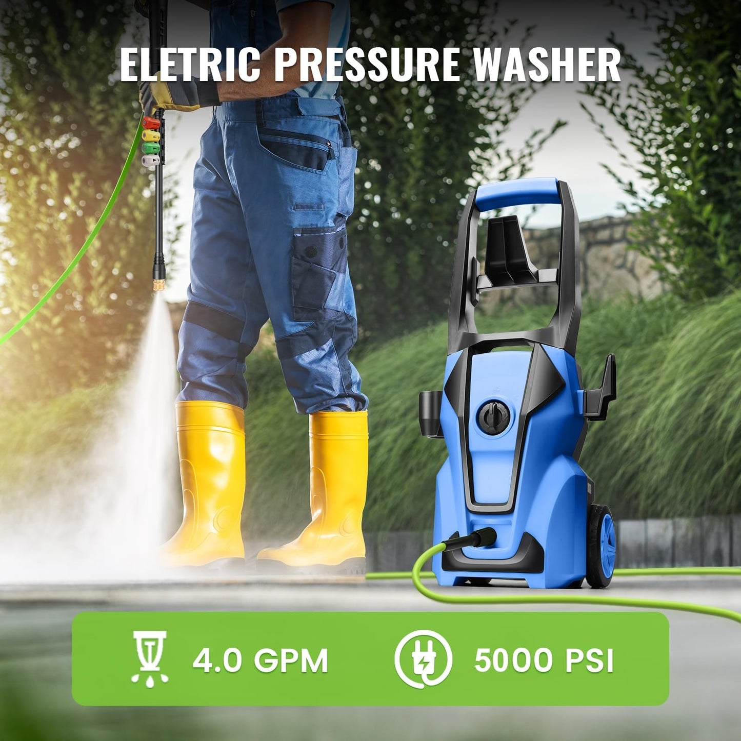 Imdot Electric Pressure Washer 5000PSI Max 4.0GPM with 33FT Flexible Extension Hose, 4 Nozzles, Foam Cannon, Power Washer Powered for Cars, Patios, Driveways, Deep Blue