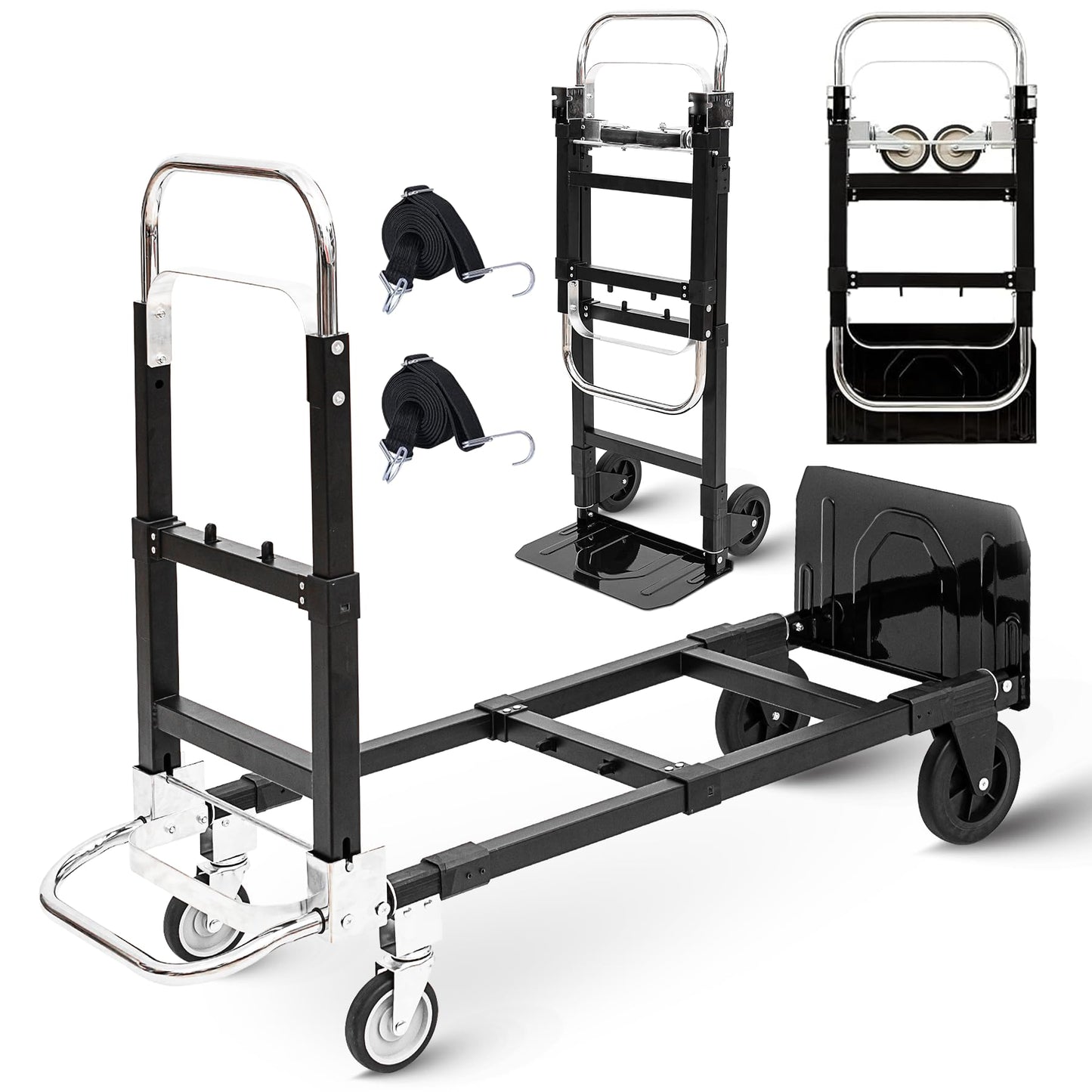 Upgraded 3 in 1 Folding Hand Truck, 600lbs Capacity, Heavy Duty Convertible Dolly with Retractable Handle and 4 Rubber Wheels, Collapsible Cart for Moving Home, Office, Warehouse (Black)