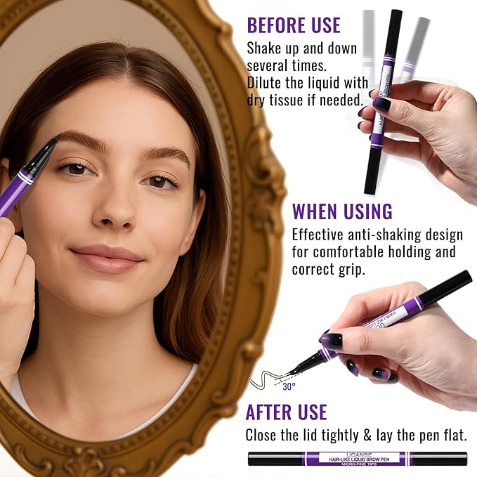 UCANBE Eyebrow Pen, Dual-Curved Eyebrow Pencils for Women, 2-in-1 Brow Pencil with 2-Fork-Tip & Precise Brush-Tip for Natural Hair-Like Brows, Waterproof Microblading Brow Pen Last 24Hrs(Soft Brown)