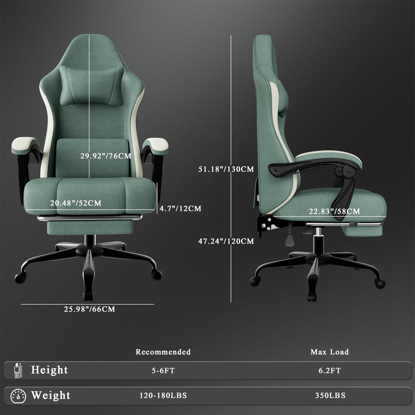 Ergonomic Gaming Chair with Pocketed Spring Cushion, Breathable Fabric Computer Chair with Footrest, Adjustable Lumbar Support Video Game Chair for Adults (Fabric, Blue)