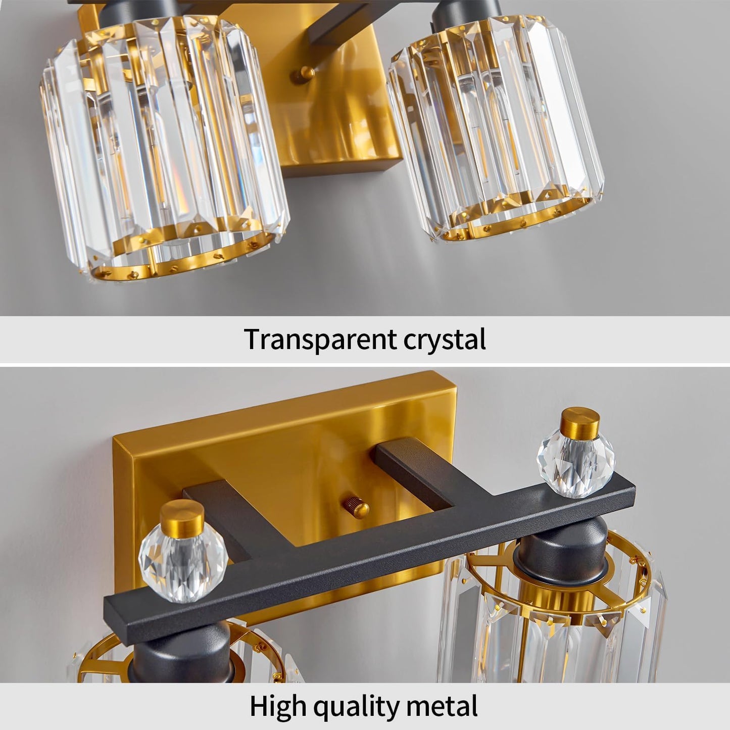 FDPBY Bathroom Vanity Lights 2-Light Black Gold Modern Crystal Vanity Light Fixtures Over Mirror Crystal Bathroom Vanity Lighting Fixtures