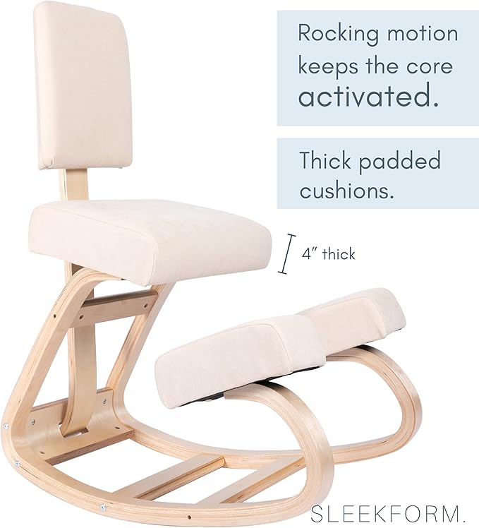 Sleekform East Austin Ergonomic Kneeling Chair with Back Support - Winter Linen and Wood Ergo Stool for Desk - Best Ergonomic Kneeling Office Chair for Posture and Leg Circulation