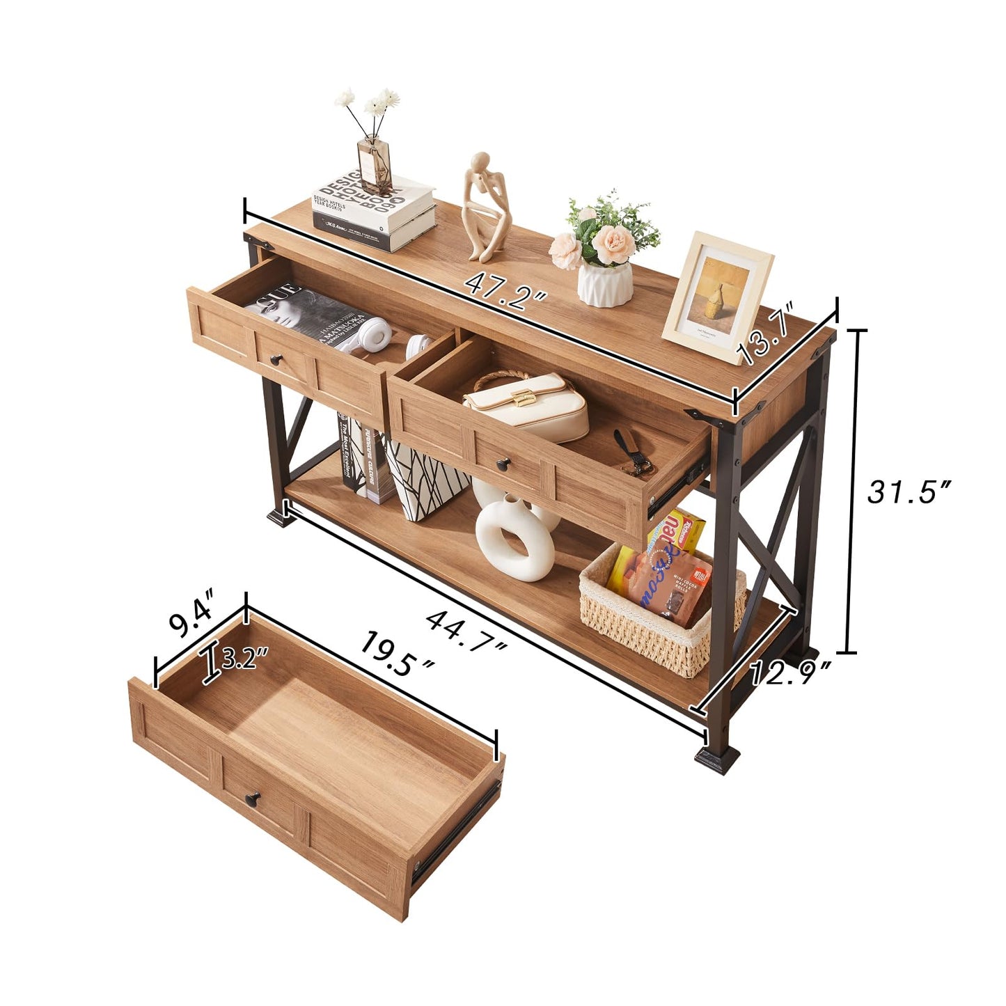 HOMBAZAAR Entryway Table,Rustic Console Table with 2 Drawers, Industrial Console Tables with Storage for Entryway, Hallway, Living Room,Brown,47 Inch
