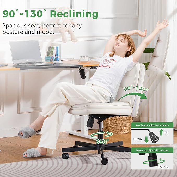 GTRACING Criss Cross Legged Office Chair with Wheels, Extra Wide Armless Comfy Desk Chair for Home Bedroom, 2 Layer Cushion Large Seat & Back Support X-Legged Chair, Beige PU Leather Adjustable Height