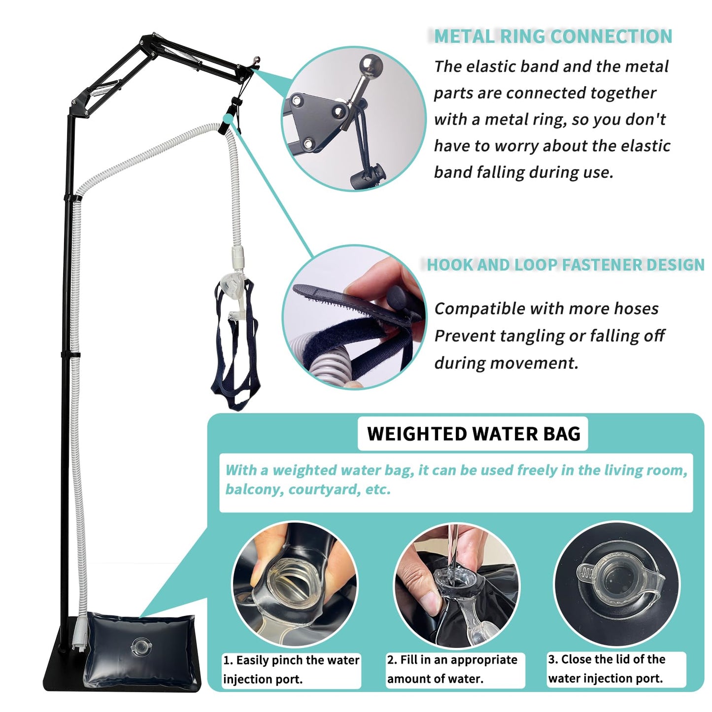 CPAP Hose Holder Stand with Adjustable Angle Height, CPAP Mask Hook - Metal Structure for Secure Support - Prevent Hose Tangles and Air Leakage, 5.8 ft Maximum Height