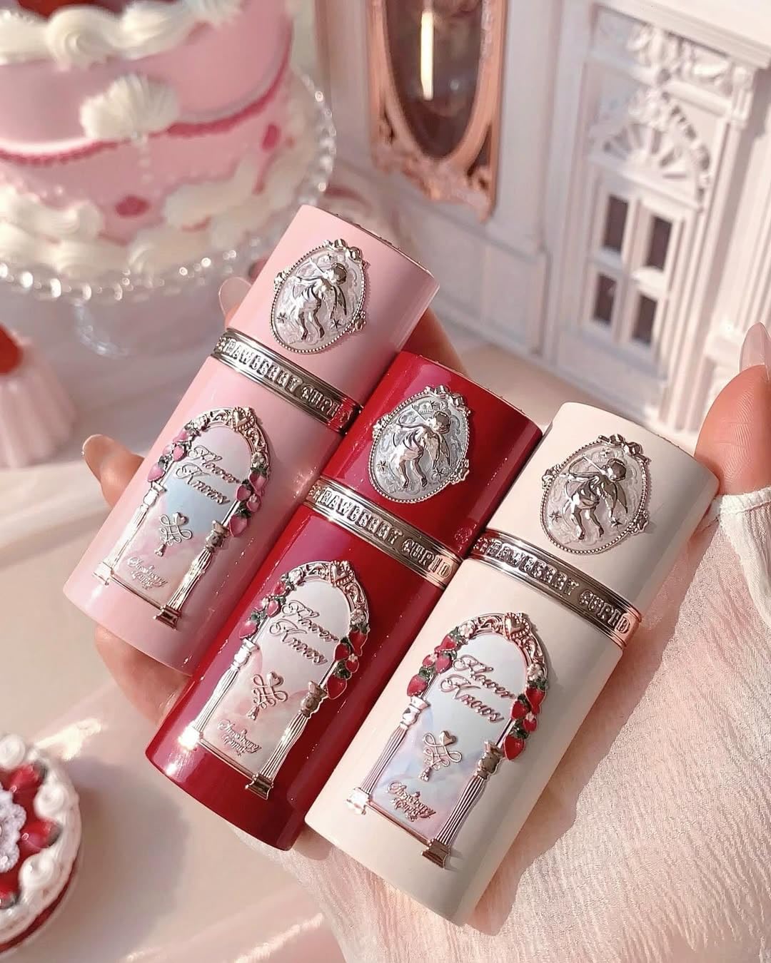 Flower Knows Strawberry Cupid 12-Piece Makeup Gift Box Set,Lip Cream×2+Liquid Blush×2+Makeup Palette×1+Hand Mirror×1+Solid Perfume×1+Hair Clip×1+Cushion Powder Puff×2+Eyeshadow Brush×1+Gift Box×1