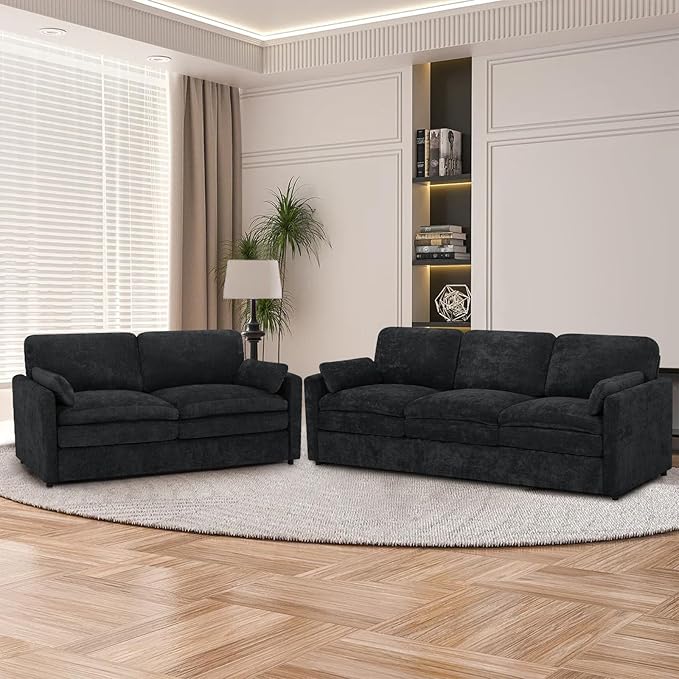 ACMEASE 2 Pieces Chenille Sofa Set w/Two Throw Pillows, Upholstered Loveseat & 3 Seater Sofa w/Comfortable Back Cushions, Modern 2-Seat & 3-Seat w/High-Density Foam for Living Room, Apartment, Black