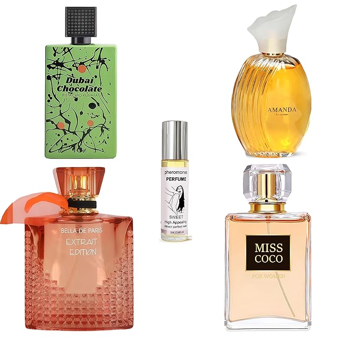 4-Piece Women's Perfume Set with 10ml Rollerball, EDP Collection, Variety of Fragrances,Long Lasting Fragrance (Bella De Paris EXT/MISS CC/Dubai Chocolate Green/AMANDA)