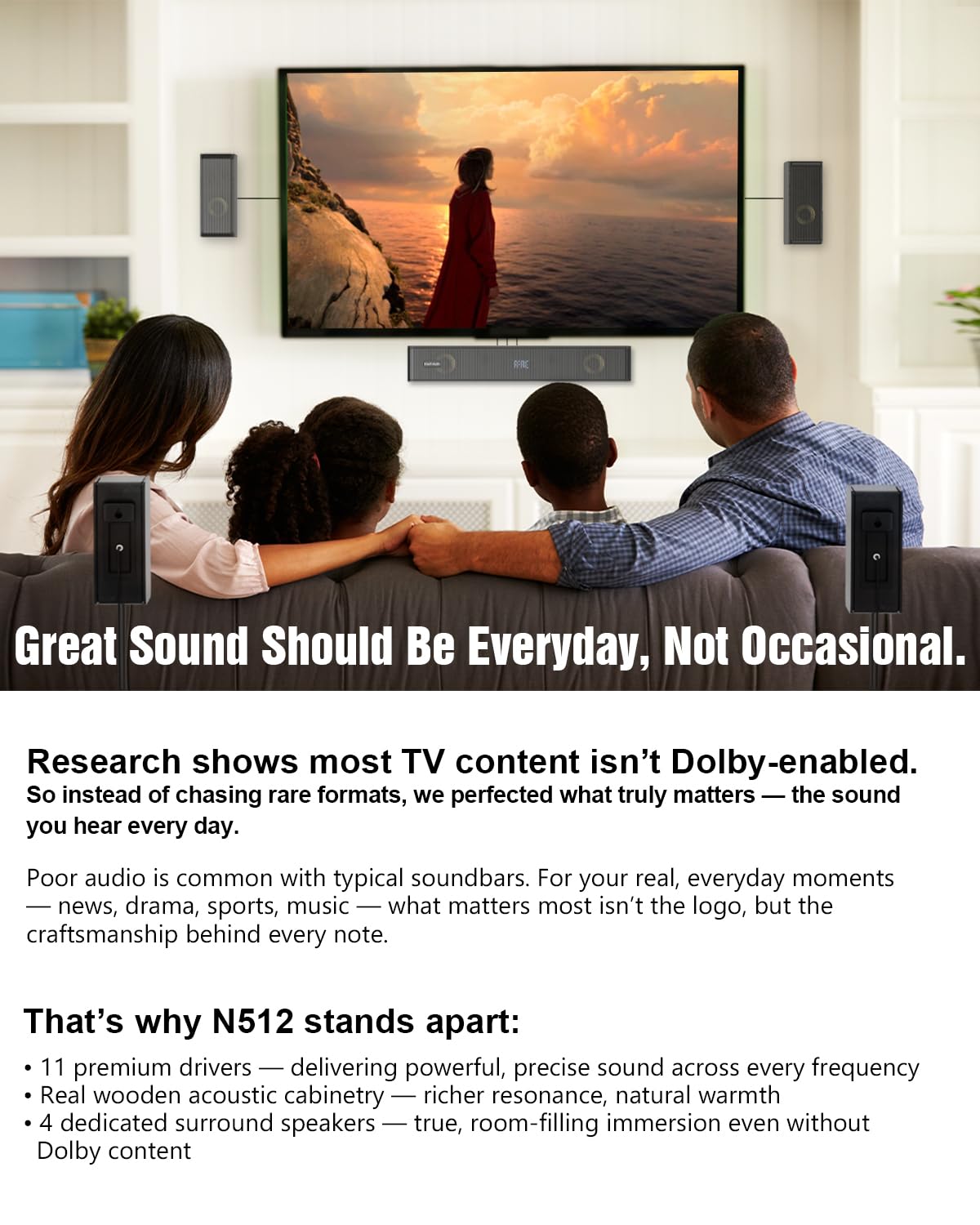 5.1.2 Virtual Surround Sound System for Small Rooms, Compact Smart TV Sound Bars Home Theater w/4 Wired Speakers, Clear Voice & Deep Bass, 5.25'' Wired Subwoofer Soundbar Easy Setup, ARC/OPT/BT, 2026