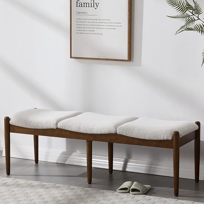 RIVOVA 54.25" Modern Ottoman Benchs Set of 2 Upholstered Sherpa Bedroom End of Bed Bench Boho Bench Long Seating Bench Entryway Stool with Wood Legs for Living Room/Foyer, Beige