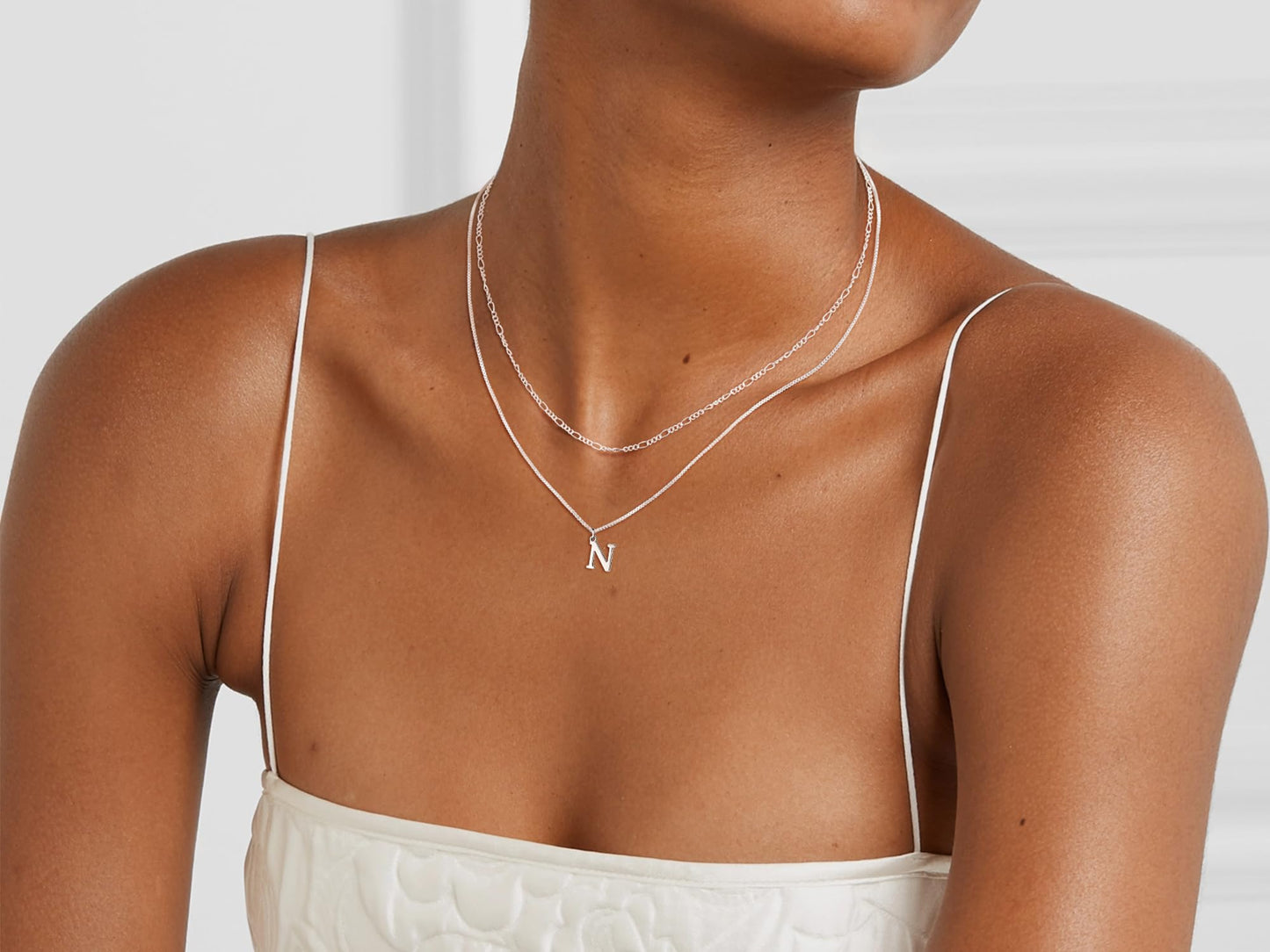MBW Silver Initial Necklaces for Women, 14K Layered Initial Pendant Necklace Dainty Silver Figaro Choker Name Monogram Necklaces