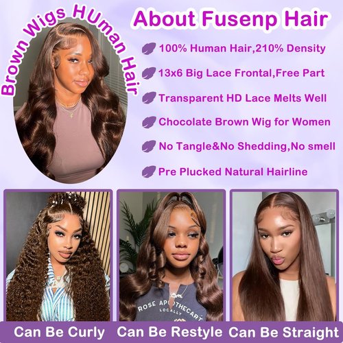 Fusenp 13x6 Hd Body Wave Lace Front Wigs Human Hair Pre Plucked Chocolate Brown Lace Front Wig Human Hair 210% Density Glueless Lace Frontal Wigs Brown Wigs for Women (20 Inch)