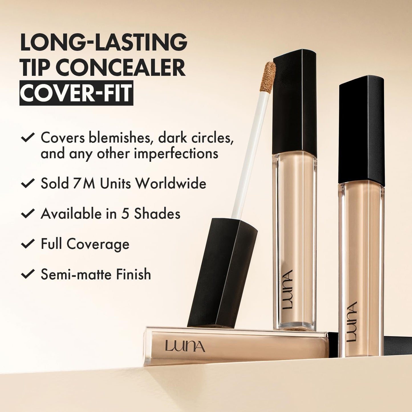 LUNA Long-Lasting Tip Concealer Cover-Fit (#04 Sand) Full Coverage, for Under Eye Dark Circles, Fine Lines, Redness & Discolorat