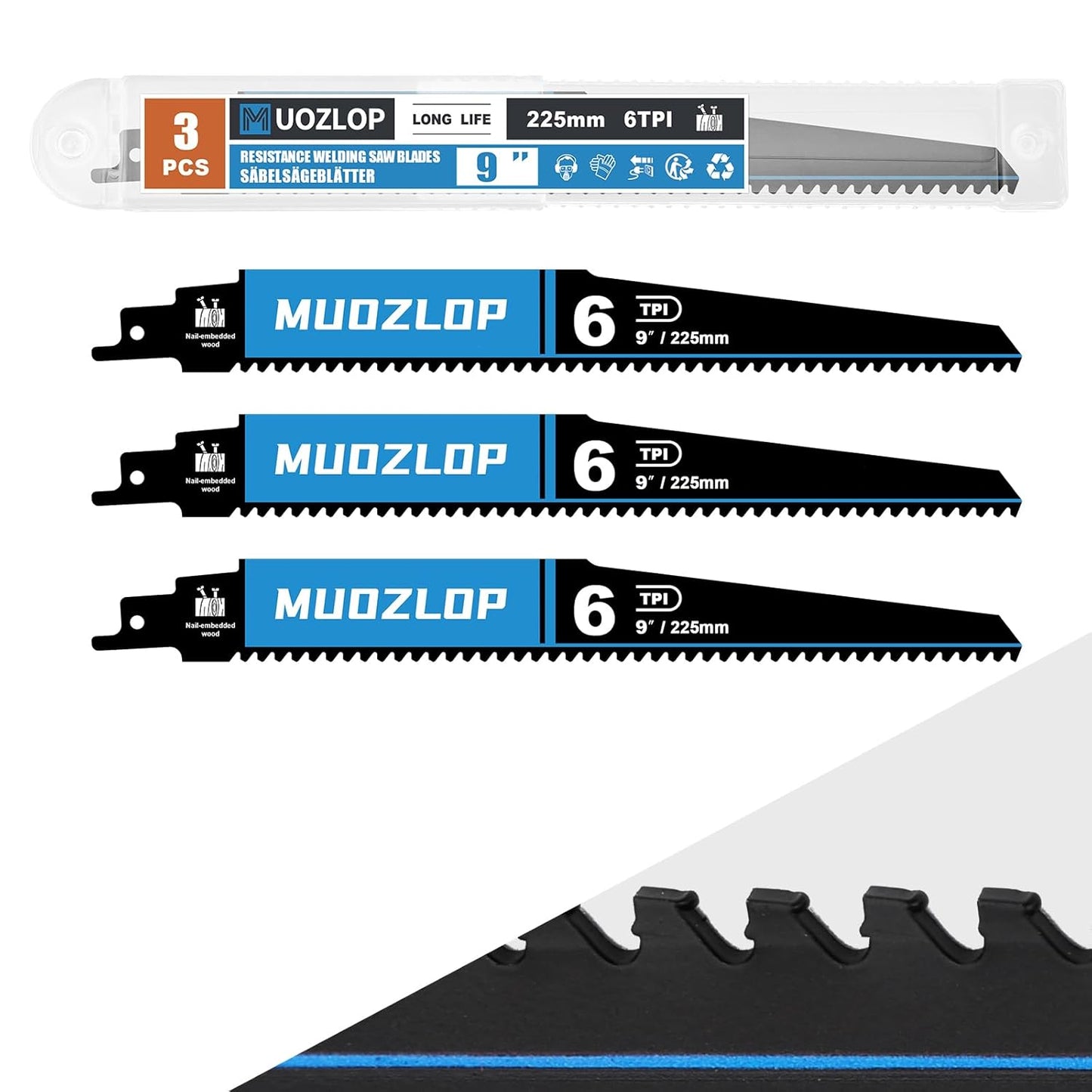 3 Pack 9 inch Reciprocating Saw Blades Set，6 TPI High Carbon Saw Blades for Wood with Nails ，Saw Blades with Organizer Case (3, 6T/9inch)