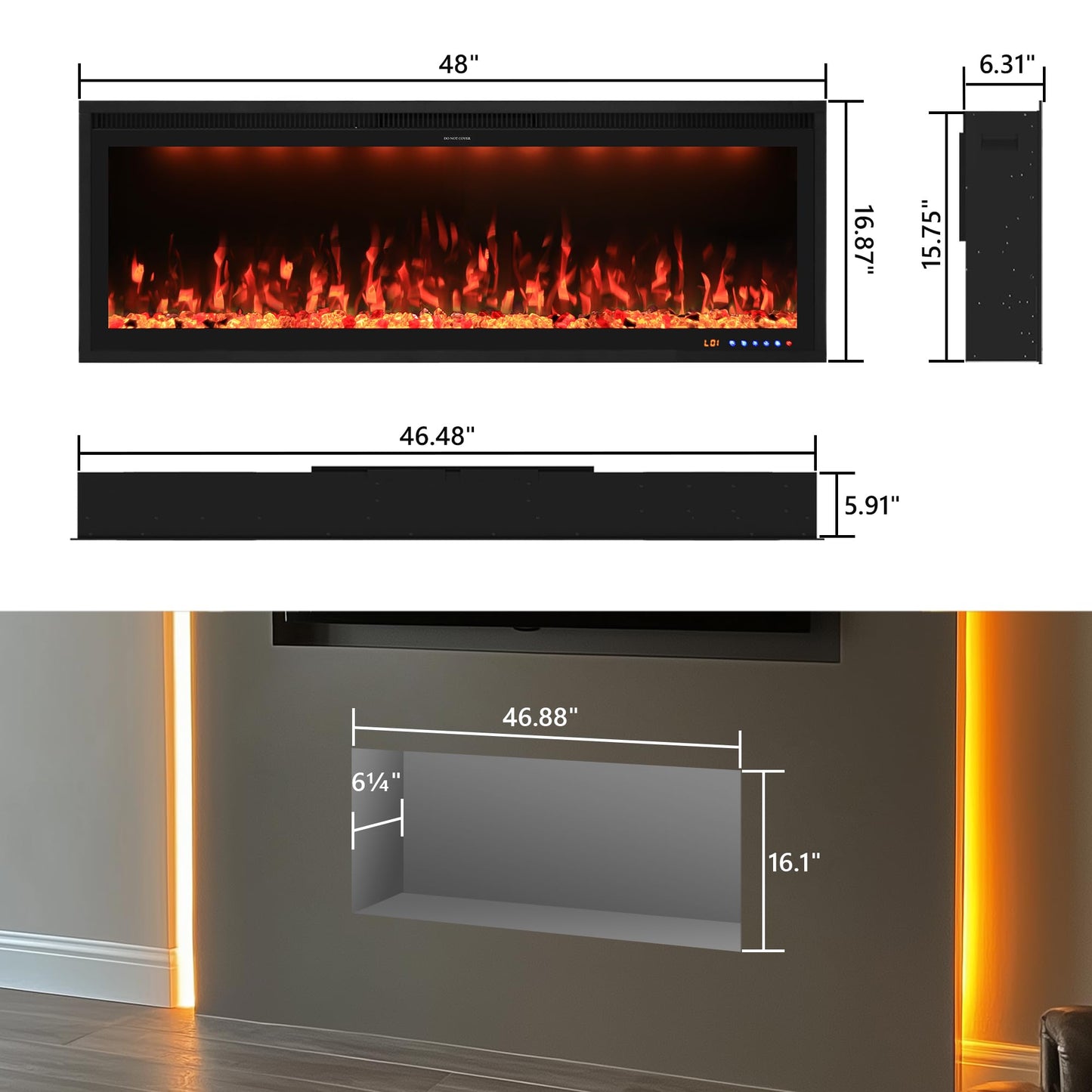 Valuxhome 48 inch Smart Wall Mounted/Recessed Electric Fireplace Insert, Ultra-Thin Fireplace Heater, Adjustable Flame Effect, Log & Crystal, 400 Sq.ft, App & Touchscreen & Remote, 750/1500W, Timer