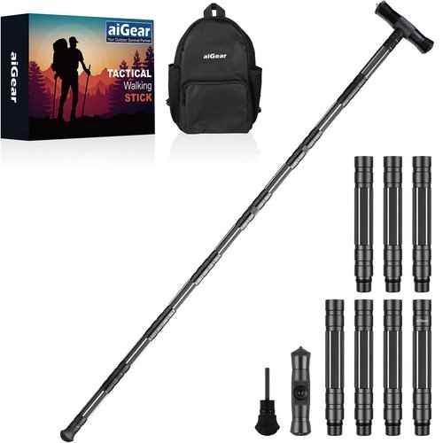 aiGear Hiking Walking Stick 12 in 1 Tactical Walking Staff with 3 Survival Tool Adjustable Outdoor Trekking Poles for Survival Camping Hiking