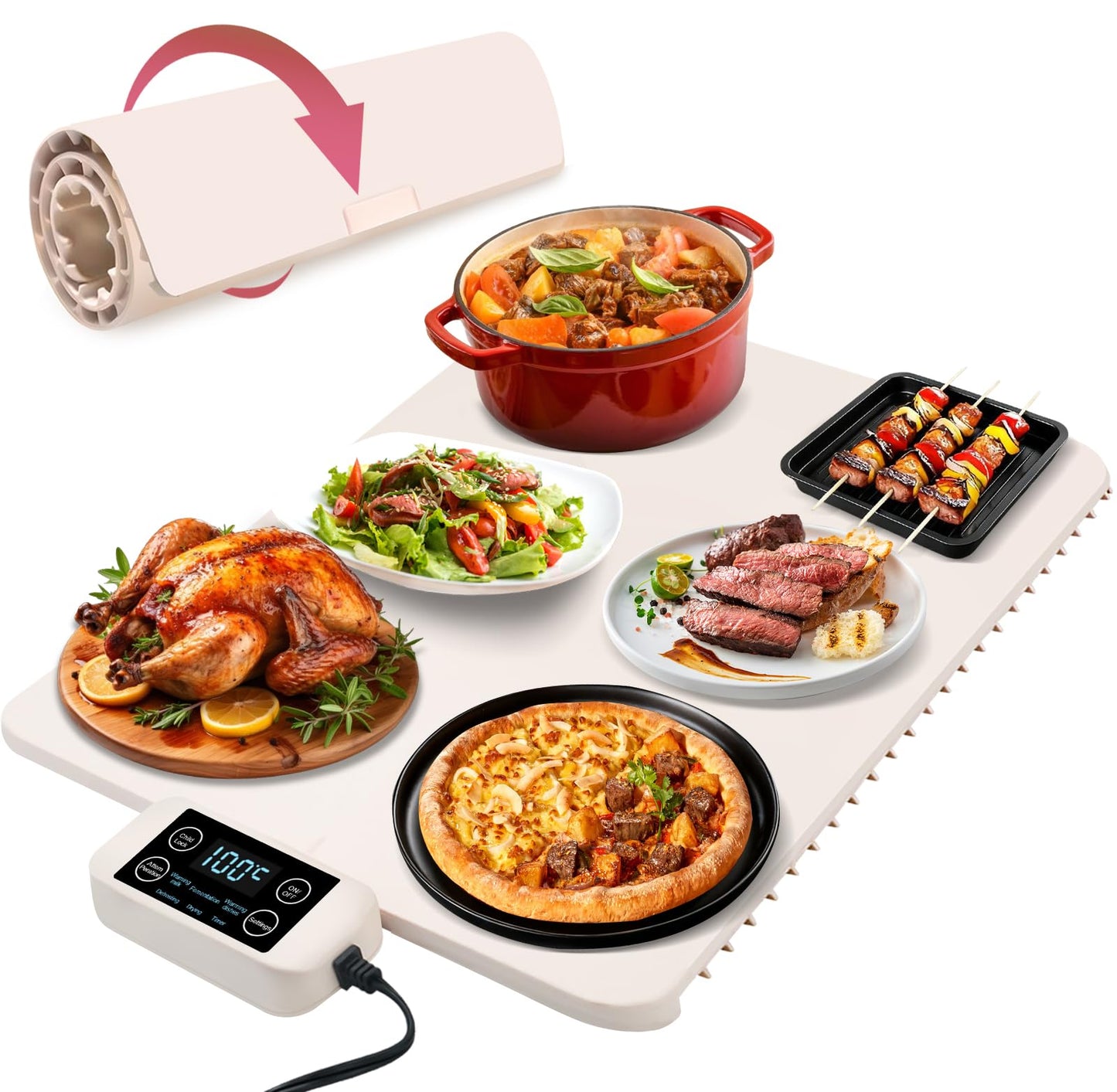 Electric Warming Tray - Full Surface Heating,Rollable & Portable,Premium Silicone Nano-Material,6 Temperature Settings,Auto Shut-Off -Versatile Food Warmer for Gatherings,Parties,Everyday Use