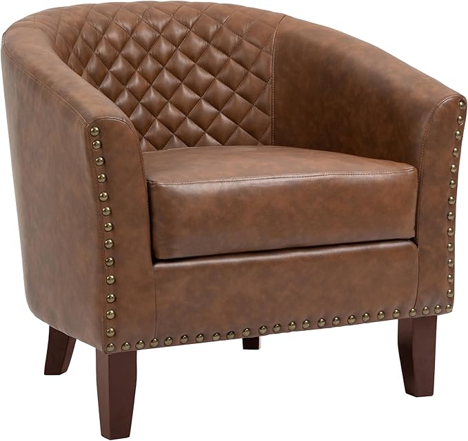 UIXE PU Leather Barrel Accent Chairs Set of 4, Modern Upholstered Armchair Round Club Chair for Living Room, Comfy Nailed Trim Arm Chair Bedroom Side Reading Seat - Brown
