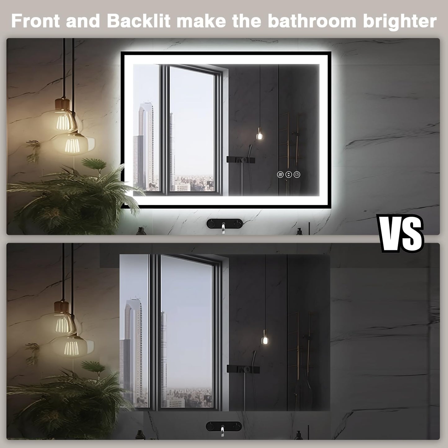EchosLife 40x24 LED Bathroom Mirror - Black Aluminum Framed, Front and Backlit, Anti-Fog, Stepless Dimmable Lighted, 3 Colors Smart Vanity Mirror (Horizontal/Vertical)