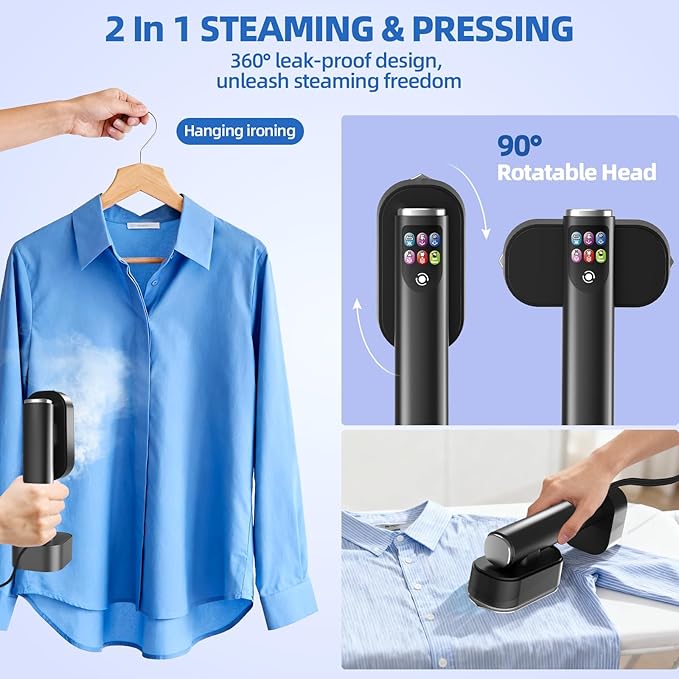 Travel Steamer for Clothes, Portable Steamer＆Iron 2 In 1,15s Heat Up,LED Touch Display with 6 Modes,35Mins Runtime &190ml Lager Tank,Stands on Desk,Garment Steamer for Travel and Home 𝟏𝟏𝟎𝐕