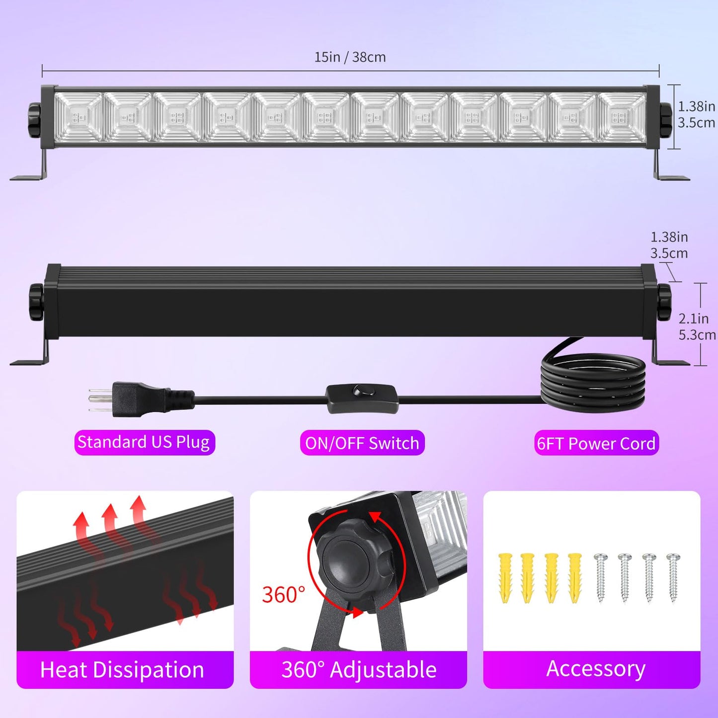 4 Pack 45W Black Light Bar with 6ft Cord+Switch, Each Light Up 25x25ft Area, LED Blacklight Flood Light for Neon Glow Party Body Paint Fluorescent Tapestry Poster Classroom Bedroom Halloween