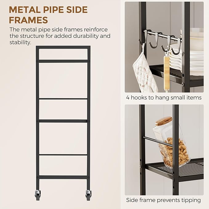 XIVIRACK 3-Tier Metal Storage Rack with Industrial Wheels,Mesh Shelving Unit with Wooden Table top,Adjustable Shelf,16.9-Inch Width,for Kitchen,Laundry,Pantry,Plant,Black