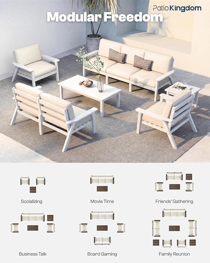 Patio Kingdom HDPE 7 Piece Patio Furniture Set, HDPE Outdoor Sectional with with Beige Thick Cushions, Coffee Table and Side Table, Patio Conversation Sets for Lawn, Garden, Porch (White Frame)
