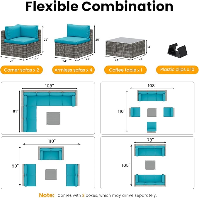 Green4ever 7 Piece Outdoor Patio Furniture Sets, Wicker Patio Outdoor Sectional Sofa with Glass Table Removable Cushions, All Weather Patio Conversation Sets for Porch Balcony Backyard, Light Blue