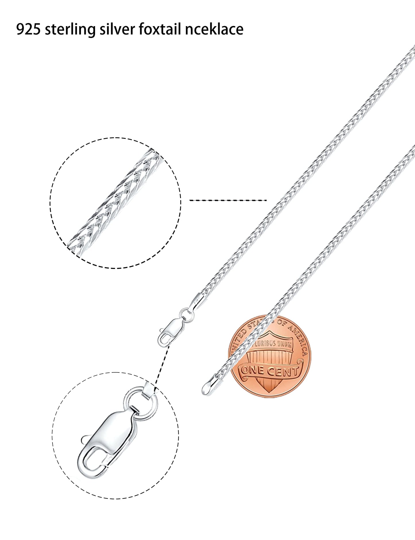 Waitsoul Sterling Silver Square Foxtail Box Chain with Lobster Clasp - 2mm Silver Franco Chain for Men & Women - 26 Inch