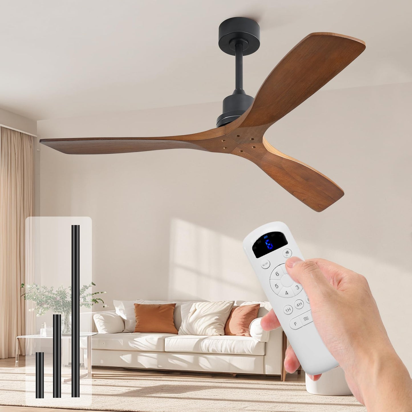 Sofucor Ceiling Fan no Lights, 52 Inch Low Profile Flush Mount Ceiling Fans with Remote, Modern Wood Ceiling Fan for Bedroom Indoor Outdoor, 6-Speed Reversible DC Motor Dimmable Timer