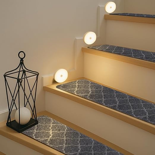Stair Treads for Wooden Steps Indoor, Includes 15 Non-Slip Carpet Mat 8x30in with 5 Motion Sensor Lamps, Peel & Stick Carpet Stair Treads,Safety Stair Rugs for Kids, Elderly and Pets (Dark Gray)
