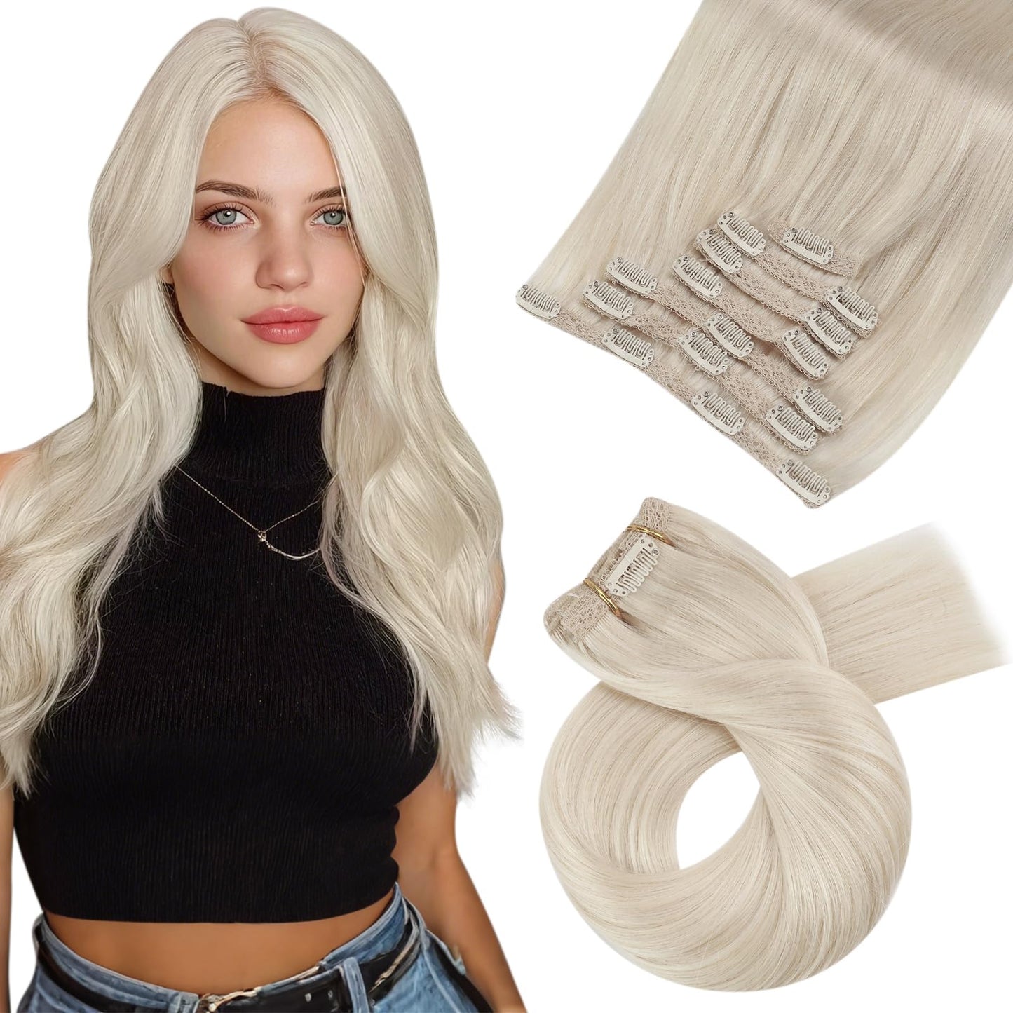 Moresoo Blonde Hair Extensions Clip in Long Platinum Blonde Clip in Hair Extensions Human Hair Remy Double Weft 120g/7pcs 22 inc
