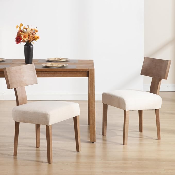 DM Furniture Linen Dining Chairs Set of 2 with Natural Wood Legs, Farmhouse Upholstered Side Chair with Curved Backrest for Living Room/Restaurant, Beige