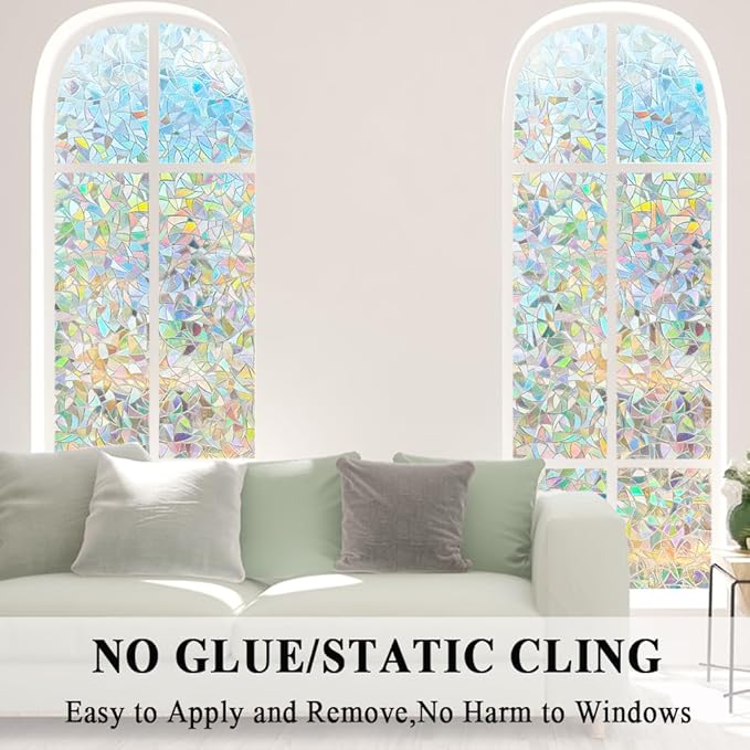 3D Prism Window Film,Transparent Decorative Glass Film Window Door Tint,Rainbow Effect Static Cling Heat Control Anti UV for Kitchen,Dining Room,Bedroom,Living Room,23.6 inches by 118 inches