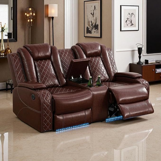 Leather Recliner Loveseat Set with LED Light, Power Leather Sectional Set, Living Room Furniture Sets 2 Seats, Modern Power Reclining Sofa Sets with Storage Console/Cup Holder for Living Room(brown)