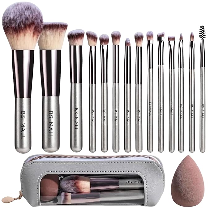 Travel Makeup Brush Set BS-MALL 14 Pcs with 1 Pcs Makeup Sponge – Essential Foundation Powder Concealers, Eye Shadows, Blu...