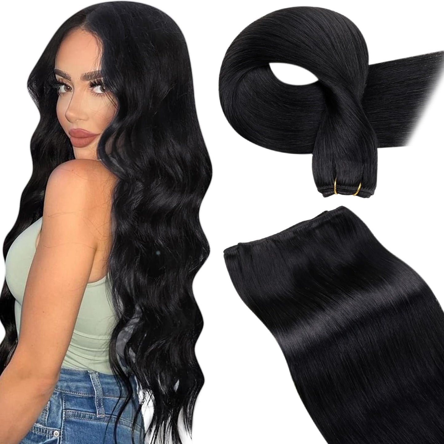 LaaVoo Weft Hair Extensions Human Hair Black Women Sew in Wefts Human Hair Extensions Straight Weft Extensions Jet Black 20 Inch