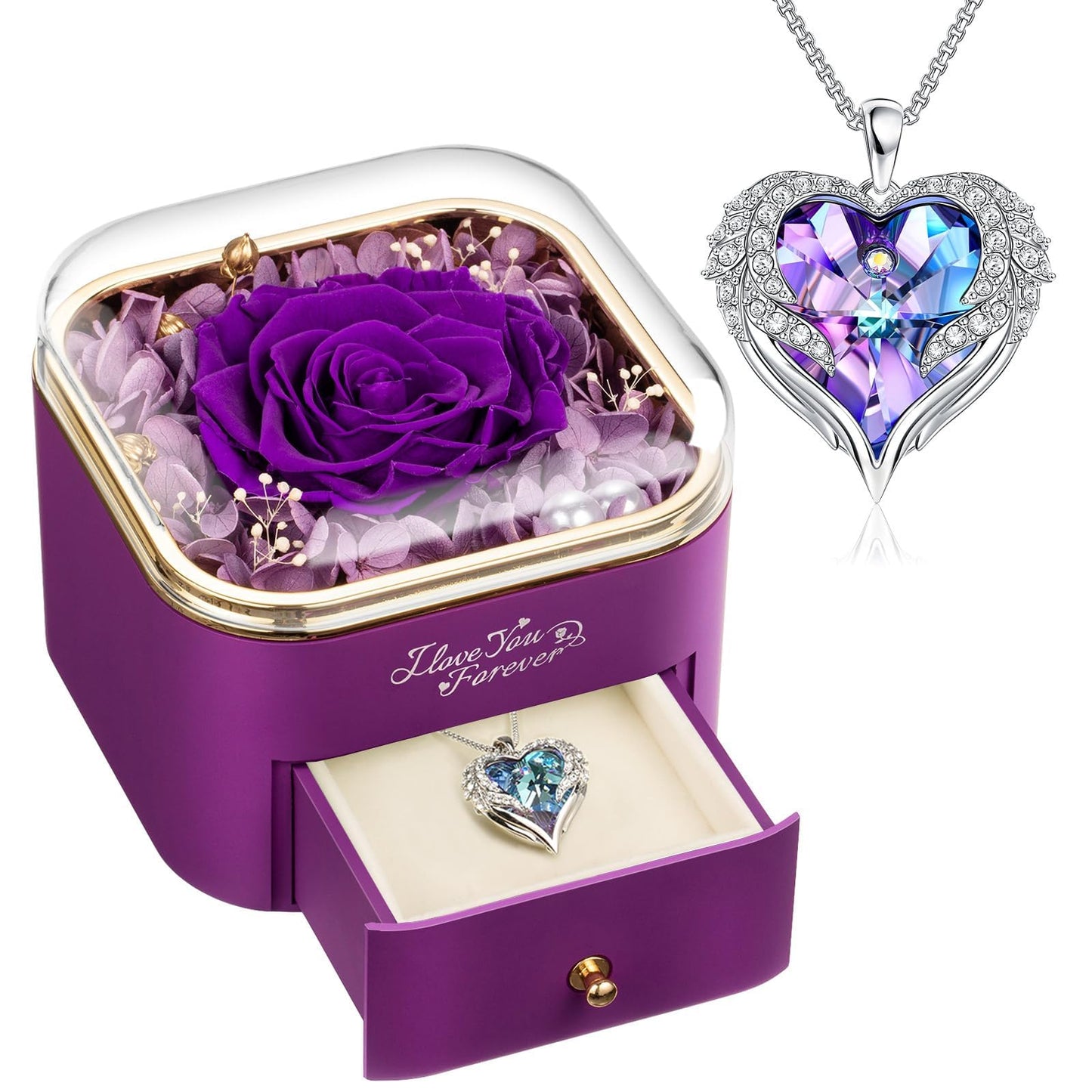 Preserved Real Purple Rose with Angle Wings Necklace, Forever Flowers Gifts for Mom Grandma Wife Girlfriend at Christmas Valentines, Anniversary Birthday Gifts for Women, I Love You Gifts for Her