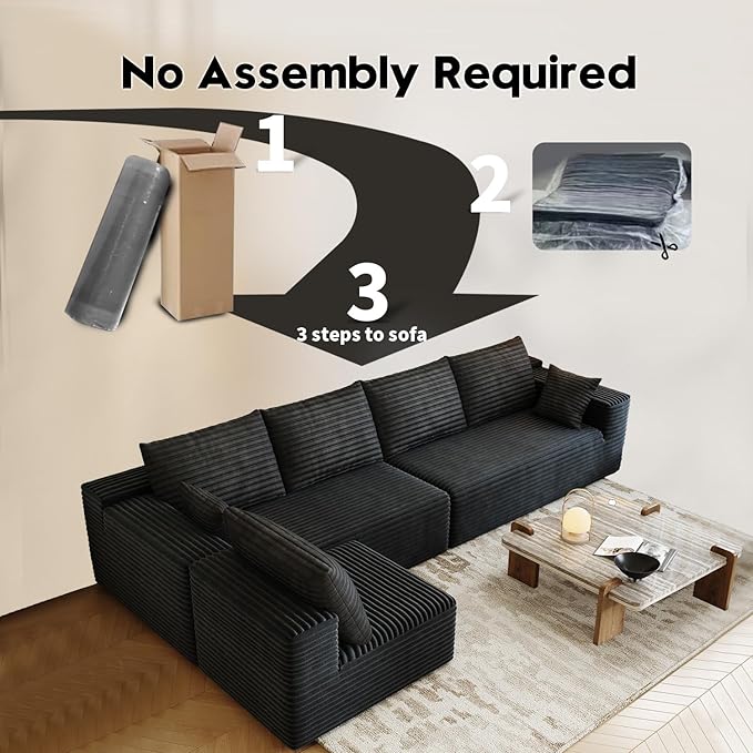 139.4" Modular Sectional Sofa, L-Shaped Minimalist Couches with Middle Seat Chaise, Modern Deep Seat Convertible Sleeper Sofa,Cloud Plush Corduroy Fabric, No Assembly Required, 5 Seater, Black