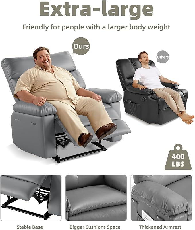 GarveeHome Extra Wide Recliner Chair - PU Leather Oversized Manual Recliner for Adults, Lazy Chair with 1.5X Sponge Comfort Arm and Back for Living Room, Bedroom