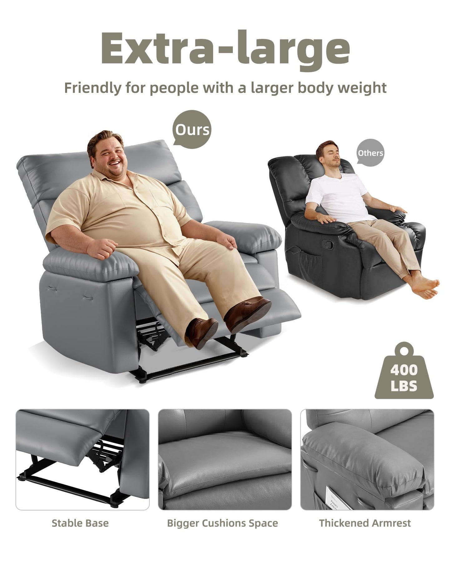 Garvee Manual Recliner PU Leather Living Room Chair Adjustable Reclining Chair Oversized Home Theater with Massage & Heat - Gray