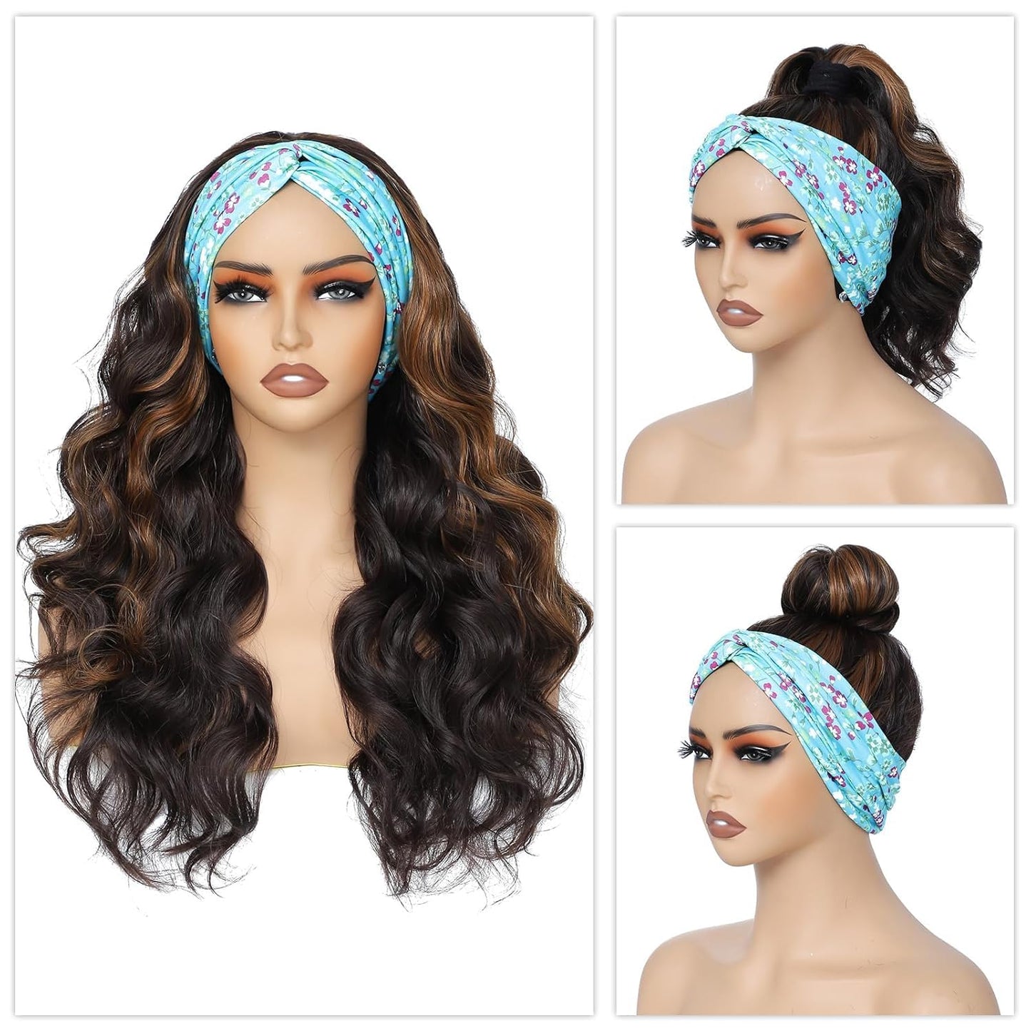 Emistar Mixed Brown Headband Wig - 26" Wavy Synthetic Hair for Black Women, Glueless, 150% Density, Body Wave