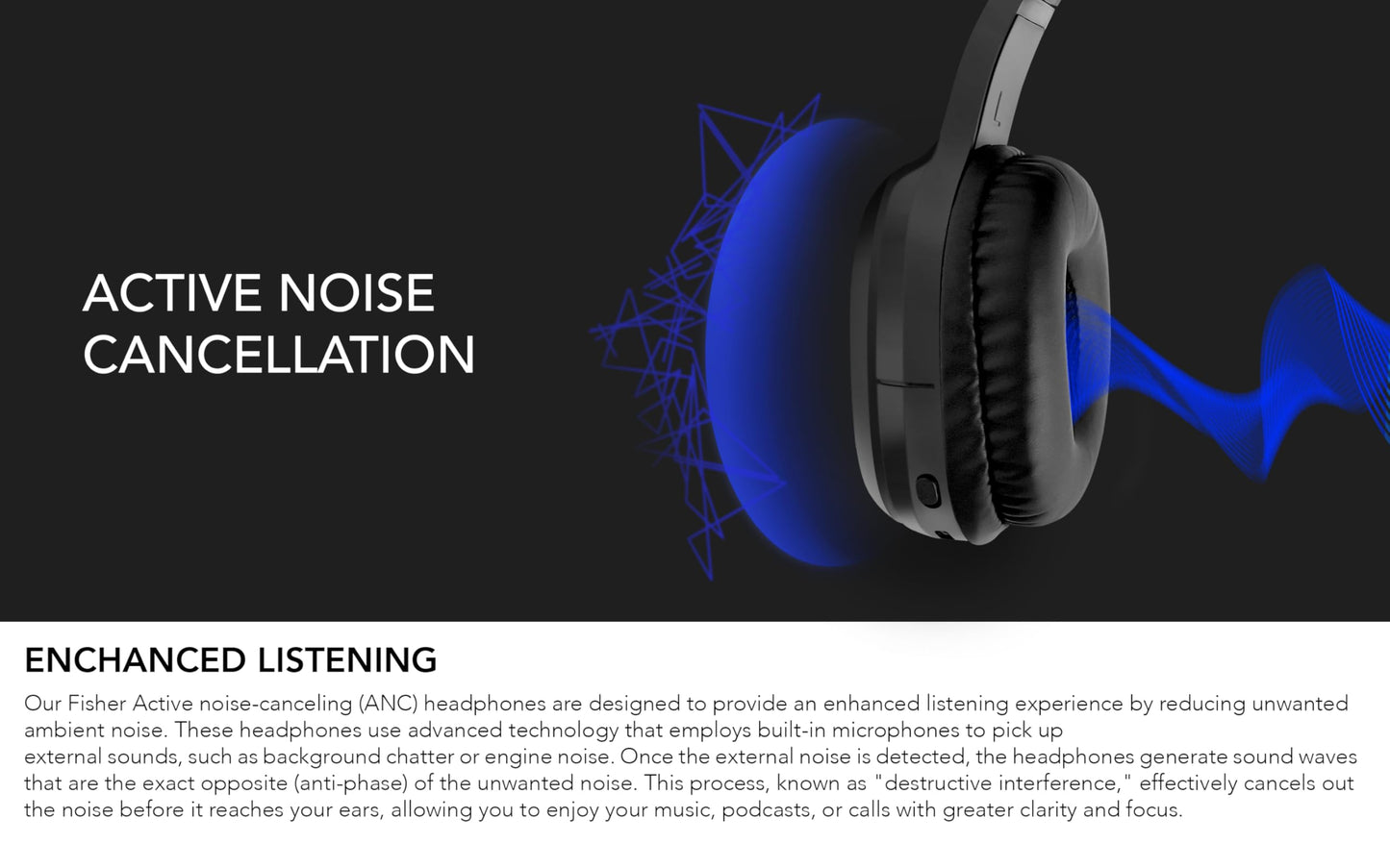 Fisher Active Noise Cancelling Headphones, Over Ear Wireless Bluetooth 5.3 w Microphone, Lightweight Comfortable Headset for Home Travel, 16H Playtime, Rechargeable, Hi-Res Sound Audio, Deep Bass
