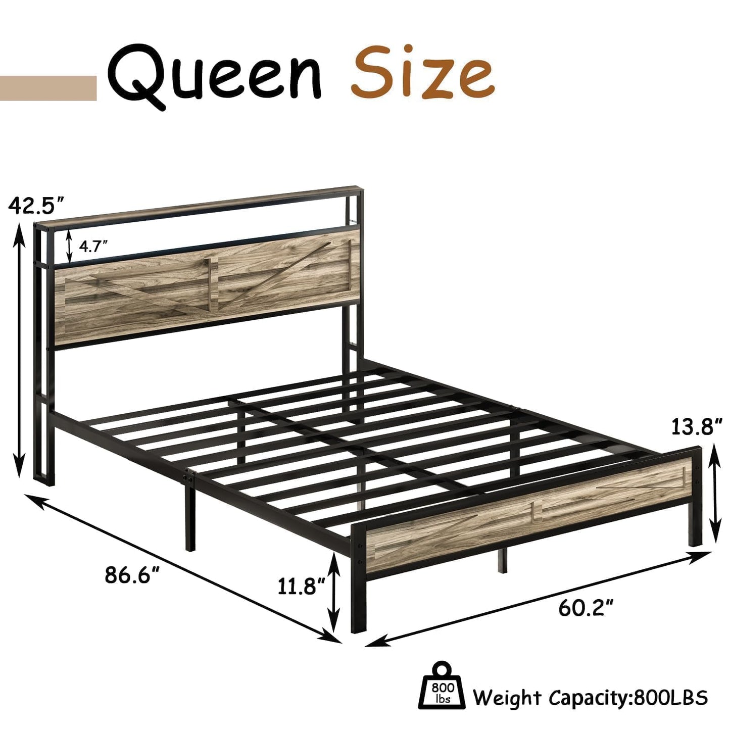 Queen Bed Frame with Headboard, Queen Bed Frames with Outlets and LED Lights, Rustic Bed Frame with Storage Headboard, Farmhouse Barn Door Design, Noise Free, No Box Spring Needed, Wash Grey