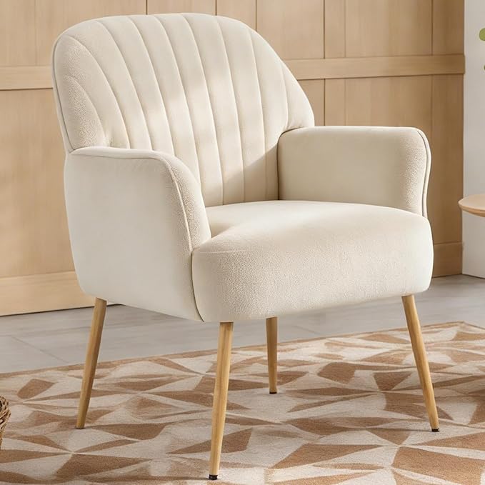 Holiway Velvet Accent Chair, Modern Upholstered Single Living Room Chairs with Tufted Back, Cozy Sofa Side Armchair with Metal Legs for Bedroom/Office/Reading Room, Beige