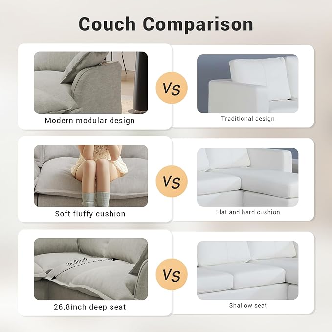 Intuition Decor U Shaped Cloud Modular Sectional Sofa with 2 Chaise Ottomans,146.6" Down Filled Comfort Couch for Living Room,Sectional Couches Wide Deep Seat Convertible Removable Covers Cushion