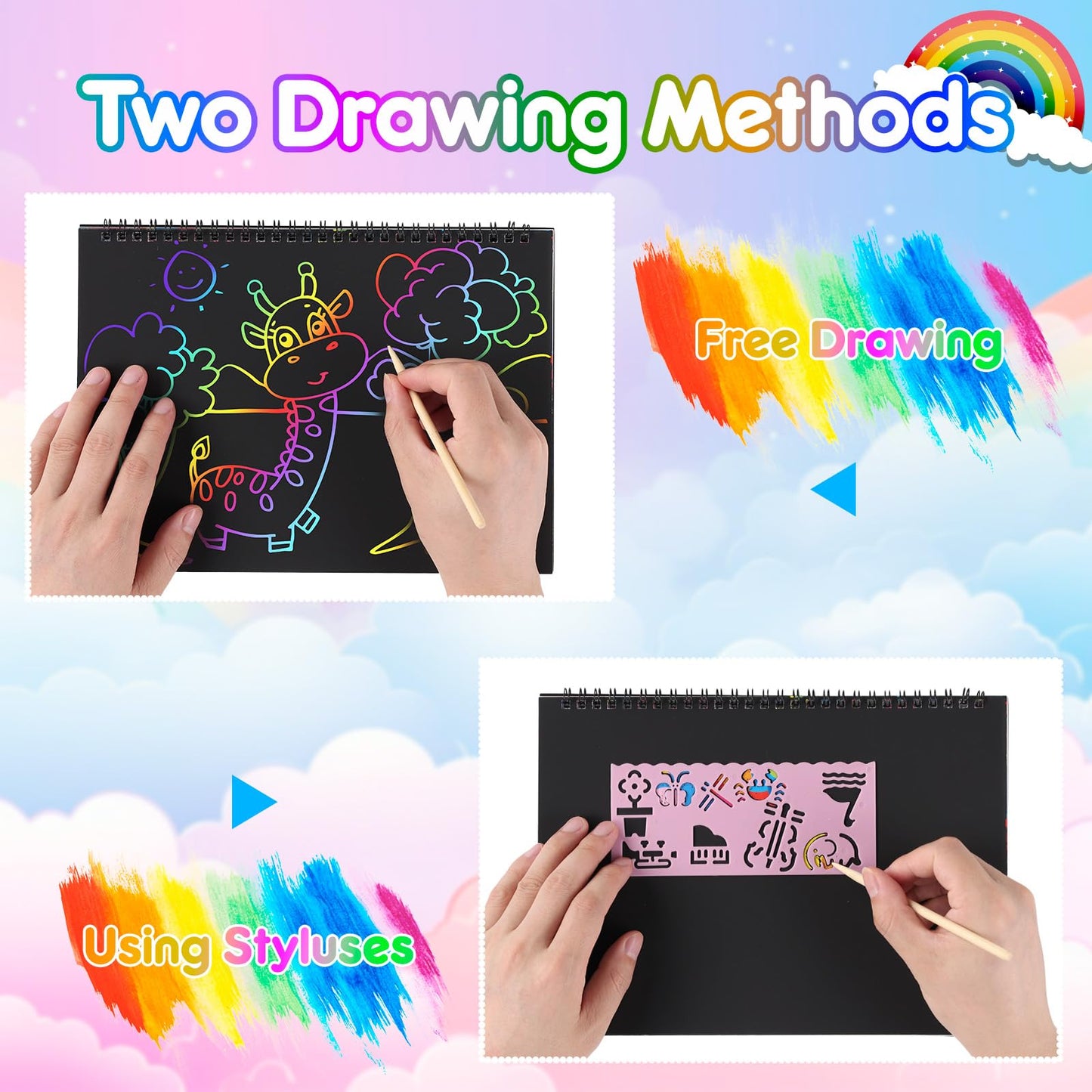 JMMICO Rainbow Scratch Notebook 6 Pack, Scratch Art for Kids with Reusable Cleaner Tool, Mess-Free Crafts for Kids Ages 4-8, Travel, Party, Back to School Gifts for 4 5 6 7 8 9 Year Old Girl Boy