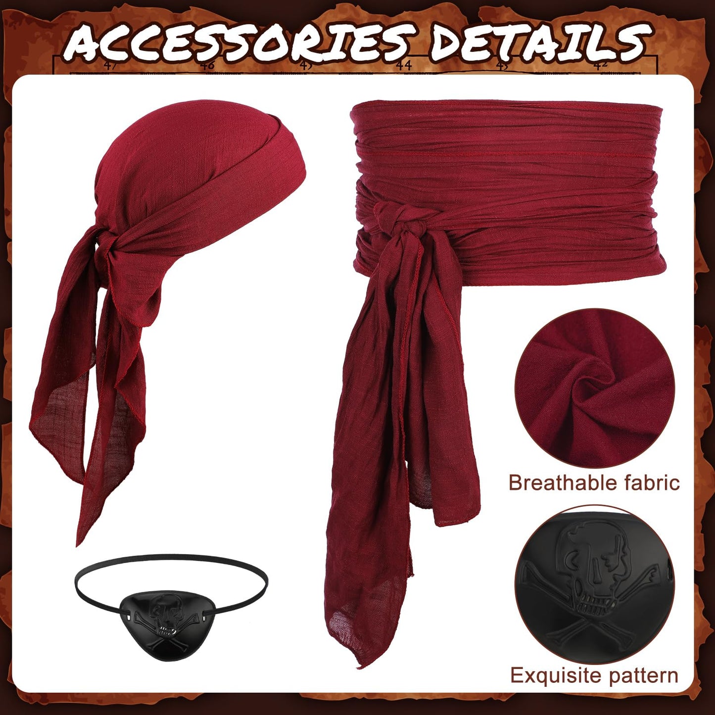 Suhine 5 Pcs Women Halloween Pirate Costume Medieval Renaissance Viking Accessories Victorian Top Skirt Head Scarf Eye Mask(Large)