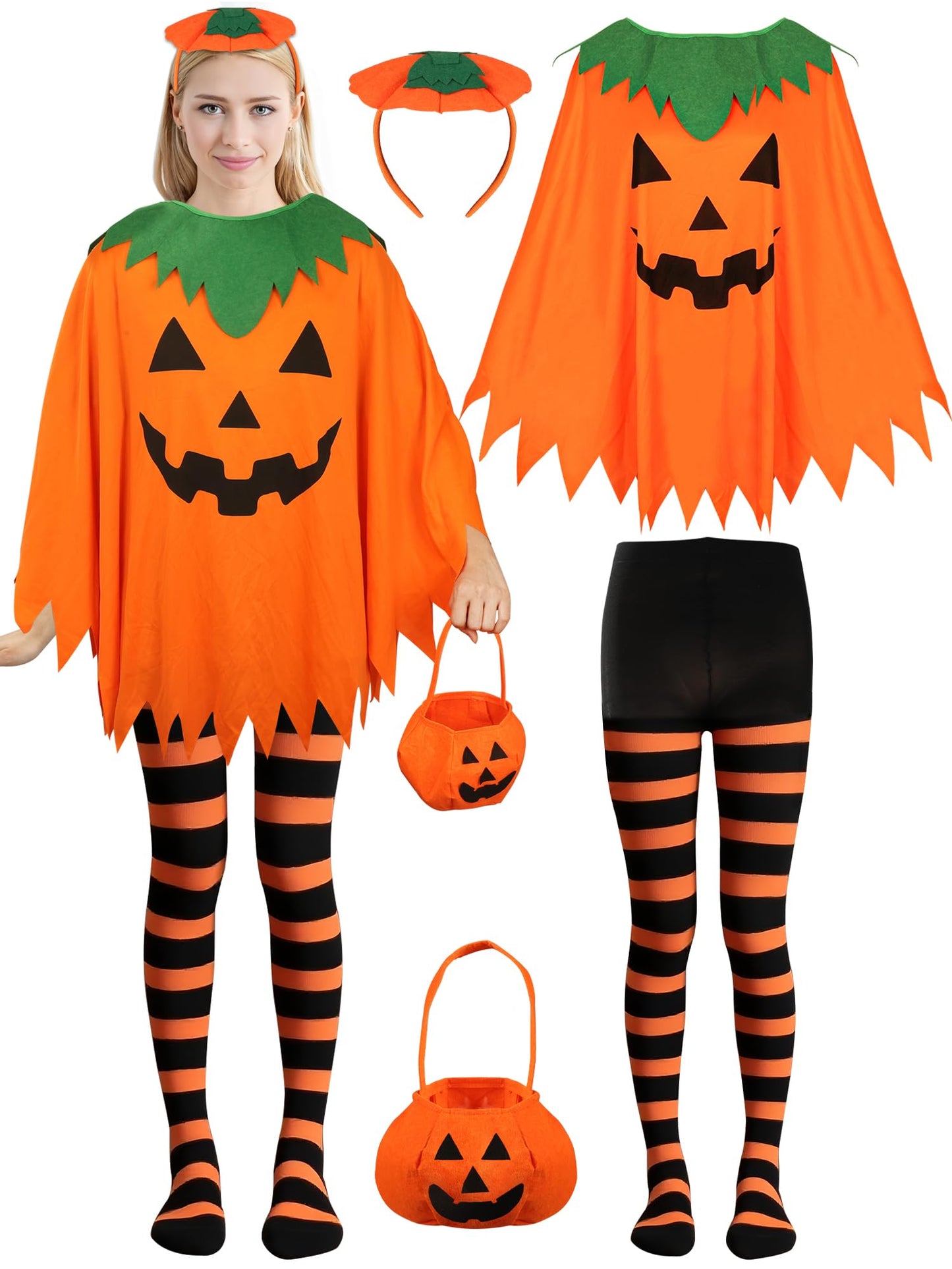 peony man 4 PCS Halloween Costume for Women Pumpkin Costume Set with Pumpkins Poncho Hair Hoop Pumpkin Cape with Candy Bag Headband Striped Tights for Women Adult Halloween Cosplay Party