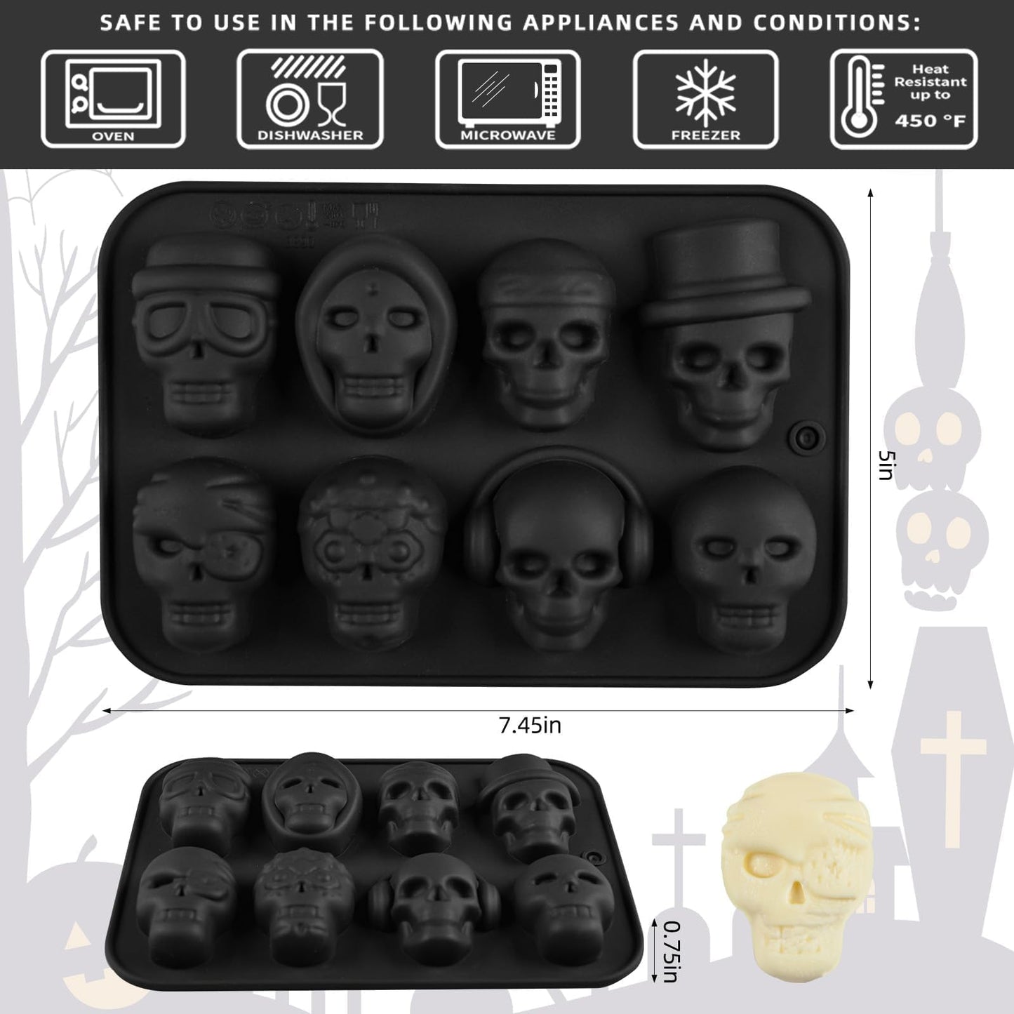 Halloween Silicone Molds, Skull Molds for Baking Chocolate Skull Gummy Molds for Candy, Jelly, Ice Cube, Crayon, Soap Pack of 2